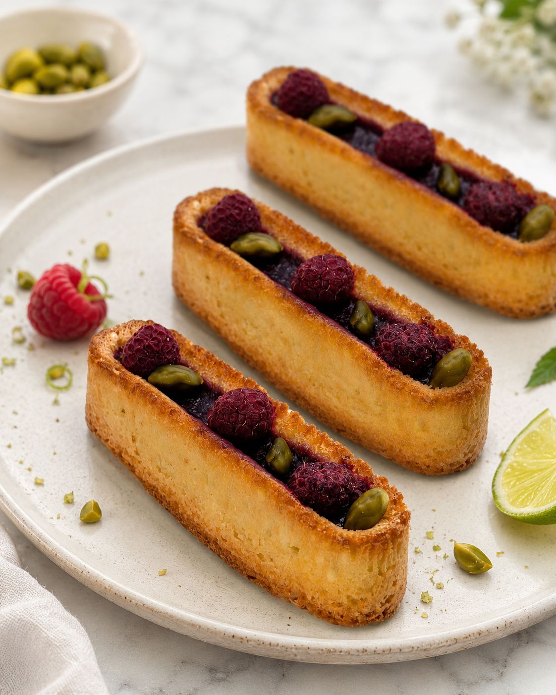 Financier pistache, mousse fraise et insert citron vert
